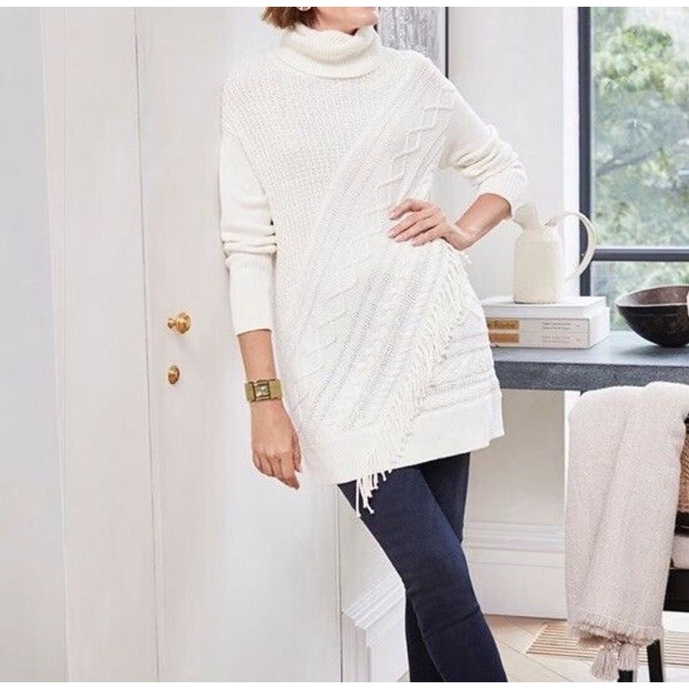 Chico’s Cream Boho Fringe Turtleneck Cable-Knit Tunic Sweater Women Size:2/L